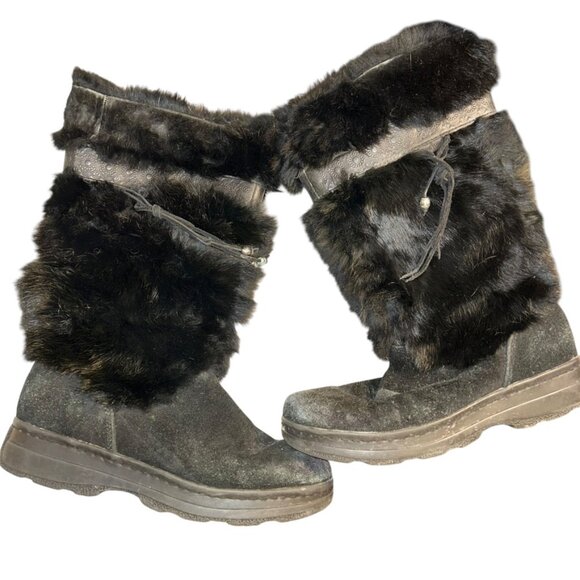 Minnetonka vintage black real fur suede tooled leather tirm boots 6 - Picture 1 of 7